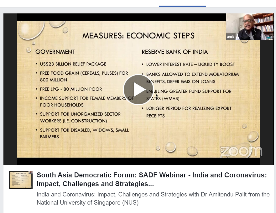 , SADF Webinar Series – ‘India and Coronavirus: Impact, Challenges and Strategies’ a webinar talk by Dr Amitendu Palit