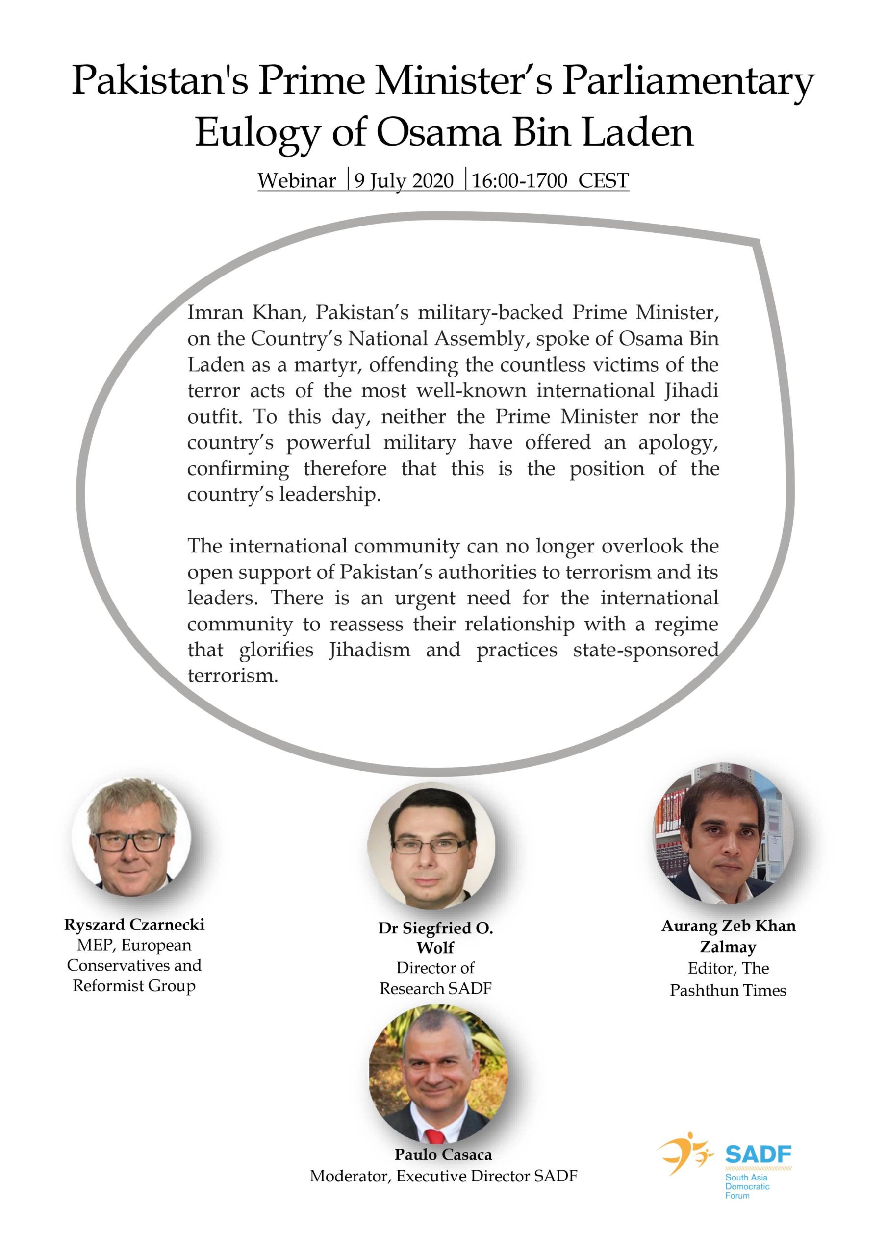 , Pakistan&#8217;s Prime Minister’s Parliamentary Eulogy of Osama Bin Laden &#8211; Webinar 9 July 2020, 16:00-1700 CEST