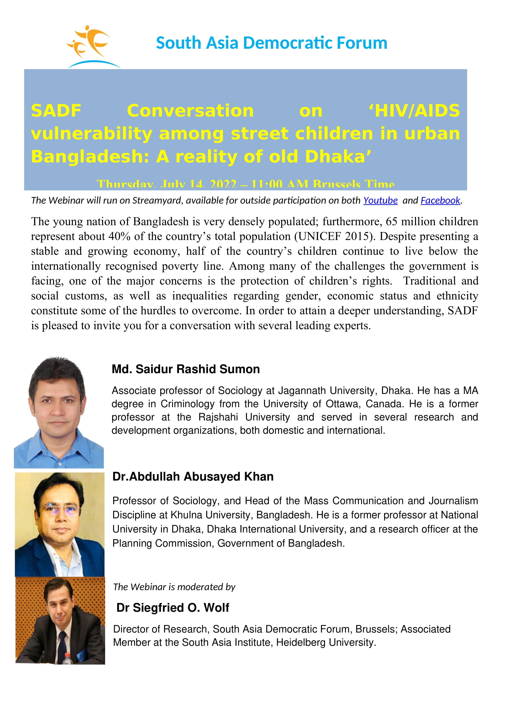 , SADF Conversation on ‘HIV/AIDS vulnerability among street children in urban Bangladesh: A reality of old Dhaka’